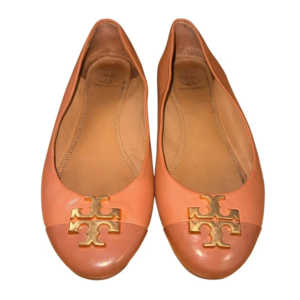Tory Burch EVERLY Ballet Flats Women 6 Pre-Owned Tan Leather Gold Logo Reva Shoe